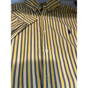 VTG Ralph Lauren Polo Button Long Sleeve Classic Yellow Blue Striped Shirt Sz L